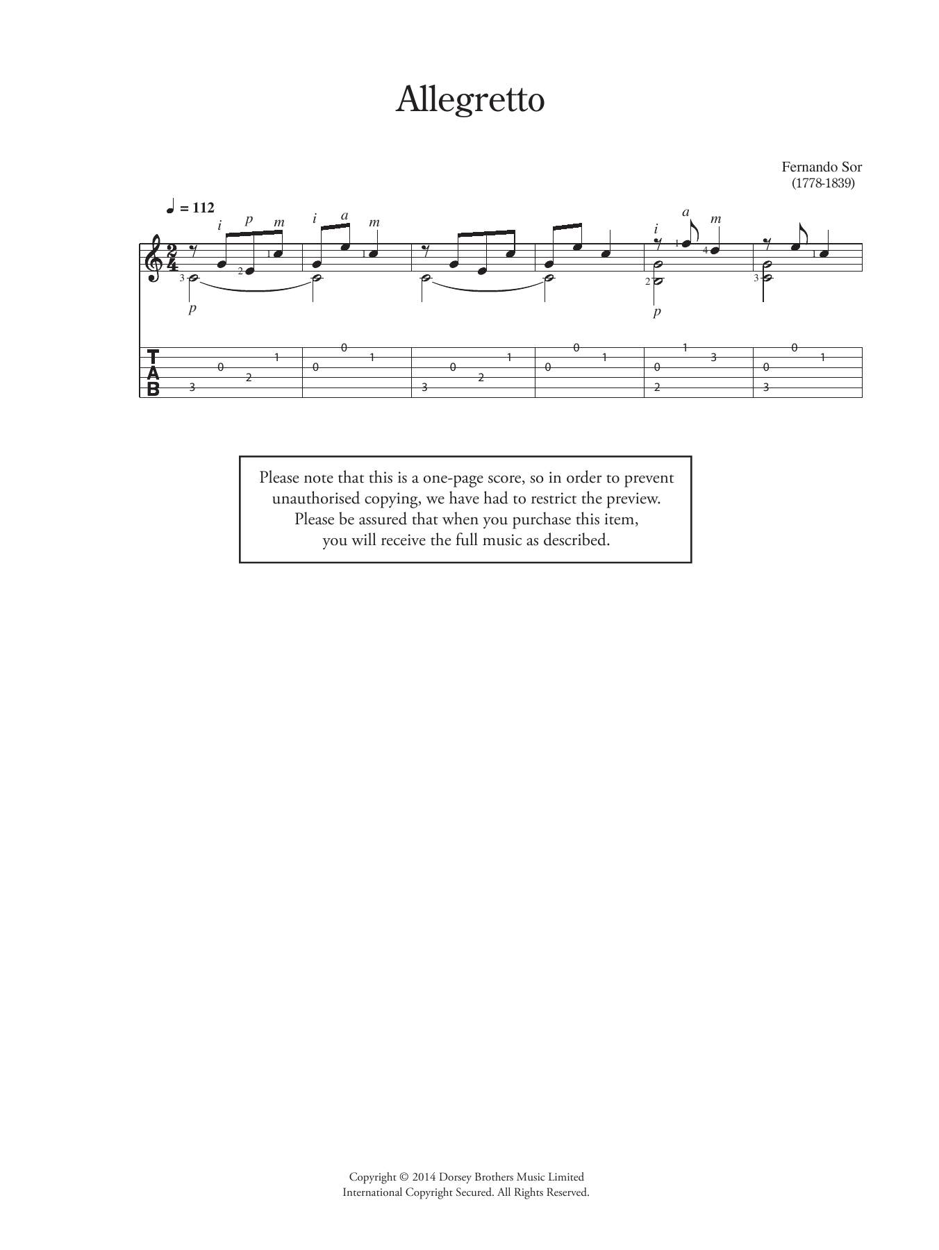 Download Fernando Sor Allegretto Sheet Music and learn how to play Guitar PDF digital score in minutes