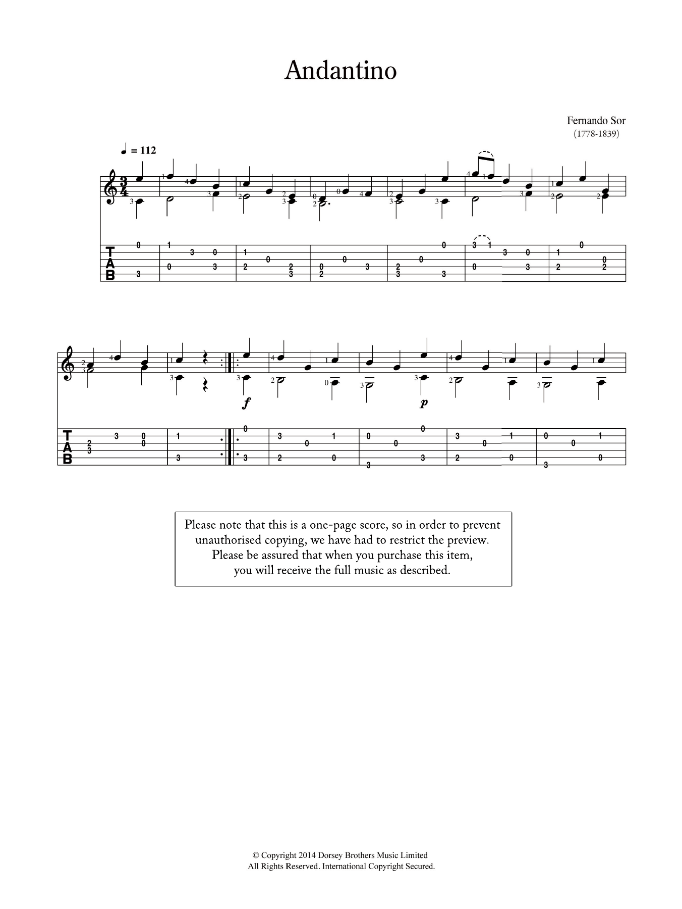 Download Fernando Sor Andantino Sheet Music and learn how to play Guitar PDF digital score in minutes