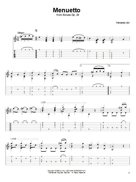 Download Fernando Sor Menuetto (from Sonata Op. 22) Sheet Music and learn how to play Guitar Tab PDF digital score in minutes