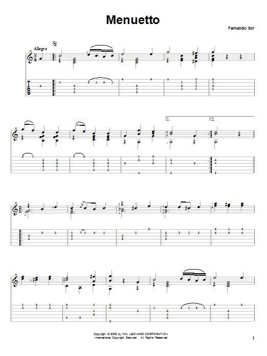Download Fernando Sor Menuetto Sheet Music and learn how to play Guitar Tab PDF digital score in minutes