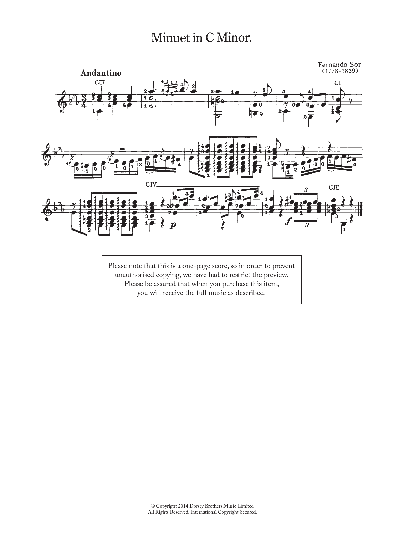 Download Fernando Sor Minuet In C Minor Sheet Music and learn how to play Guitar PDF digital score in minutes
