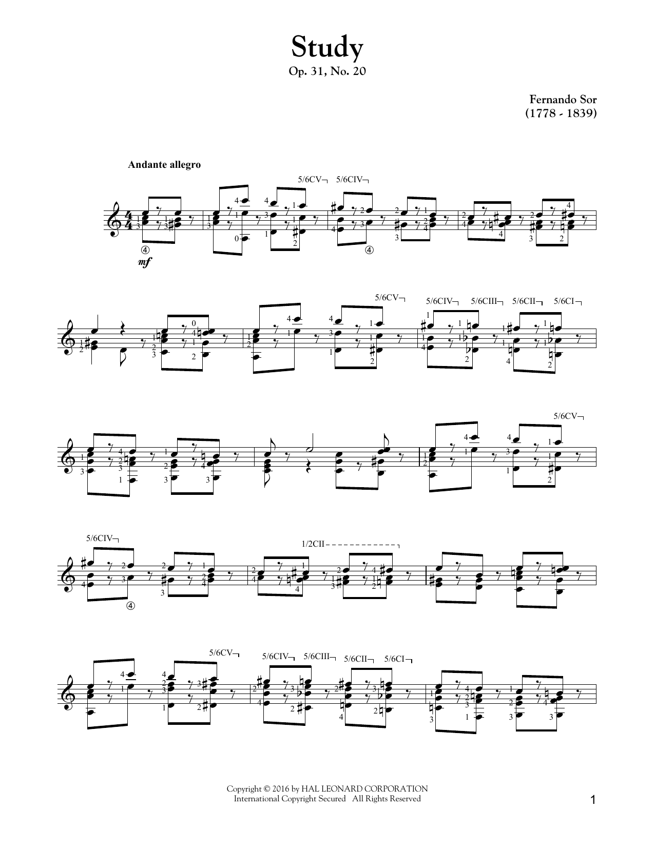 Download Fernando Sor Study Op. 31, No. 20 Sheet Music and learn how to play Guitar Tab PDF digital score in minutes