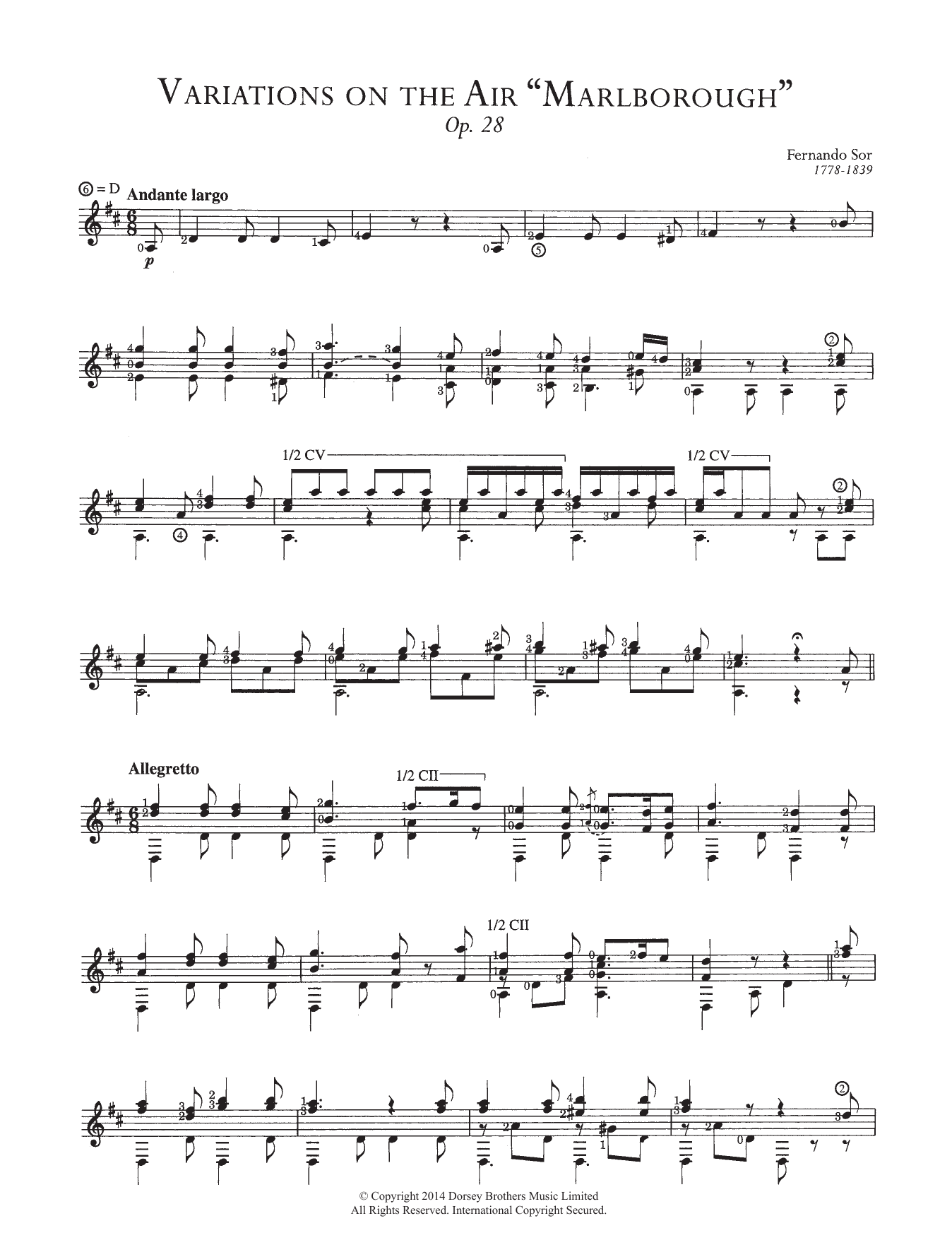 Download Fernando Sor Variations On The Air 'Marlborough', Op.28 Sheet Music and learn how to play Guitar PDF digital score in minutes