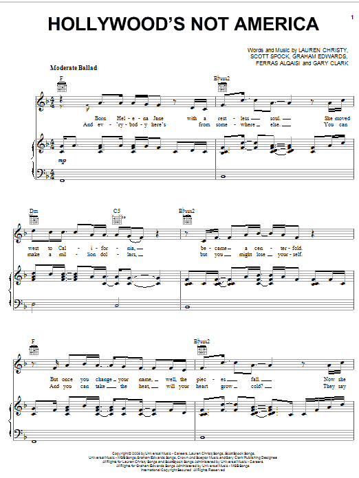 Download Ferras Hollywood's Not America Sheet Music and learn how to play Piano, Vocal & Guitar (Right-Hand Melody) PDF digital score in minutes