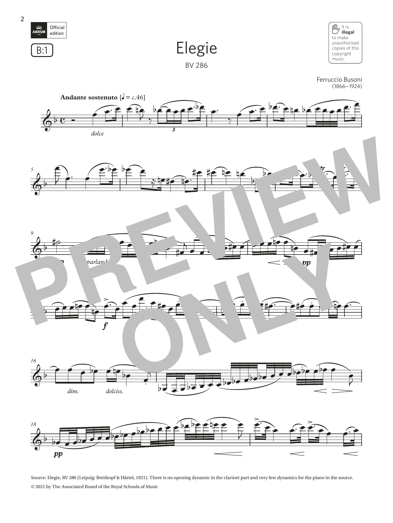 Download Ferruccio Busoni Elegie, BV 286 (Grade 7 List B1 from the ABRSM Clarinet syllabus from 2022) Sheet Music and learn how to play Clarinet Solo PDF digital score in minutes