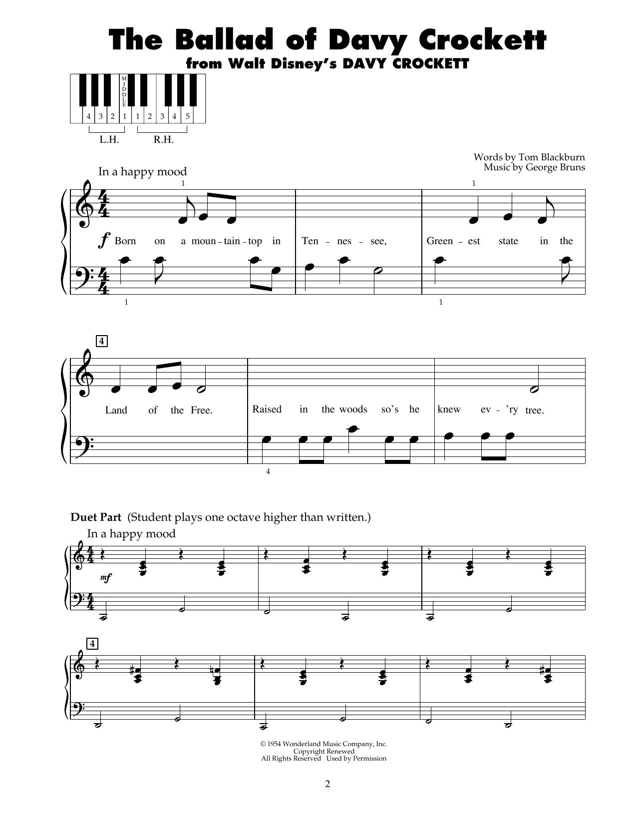 Download Fess Parker The Ballad Of Davy Crockett Sheet Music and learn how to play 5-Finger Piano PDF digital score in minutes