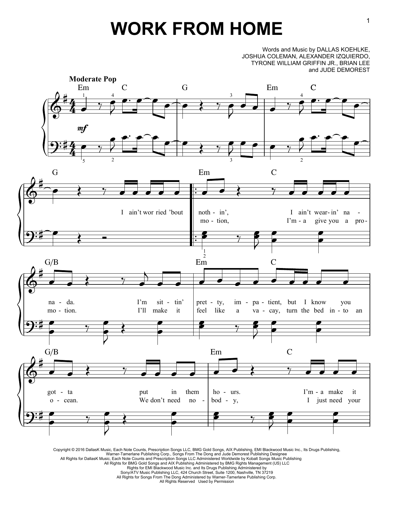 Download Fifth Harmony Work From Home (feat. Ty Dolla $ign) Sheet Music and learn how to play Easy Piano PDF digital score in minutes