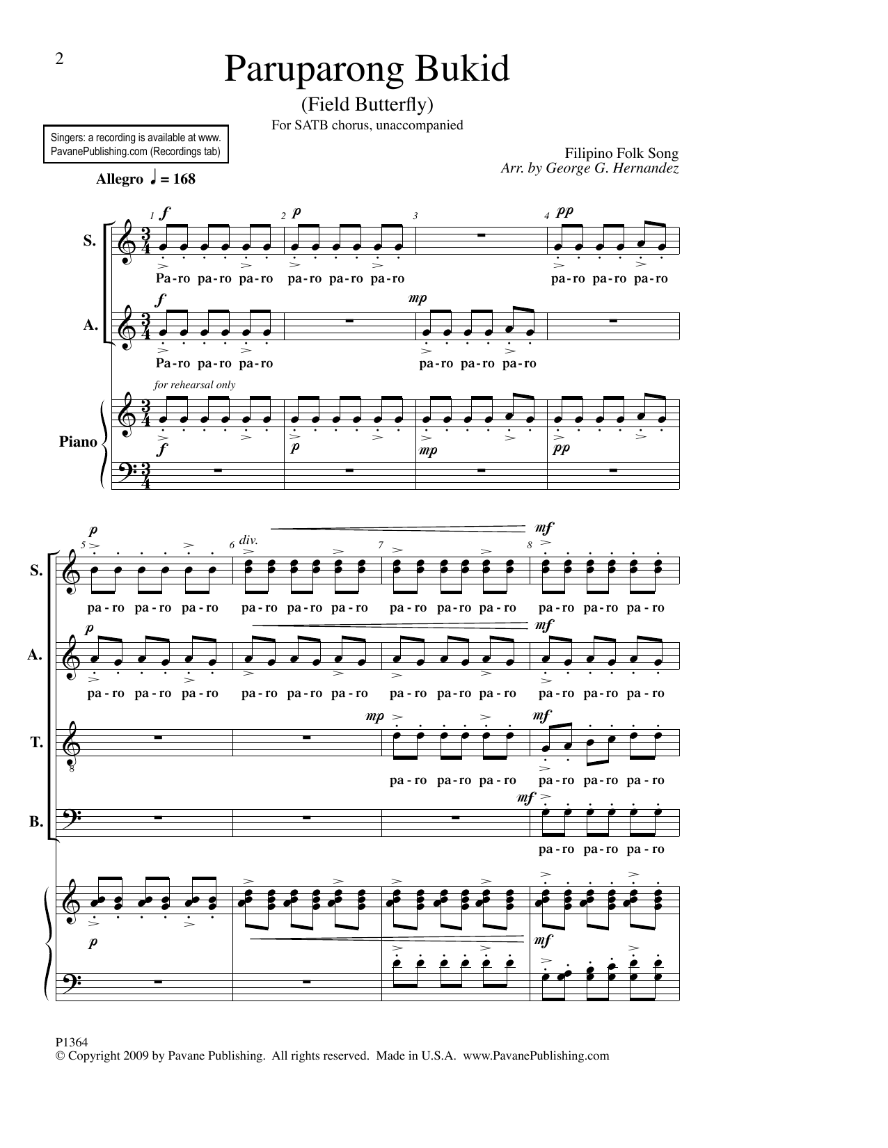 Download Filipino Folk Song Paruparong Bukid (Field Butterfly) (arr. George Hernandez) Sheet Music and learn how to play SATB Choir PDF digital score in minutes