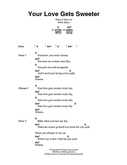 Download Finley Quaye Your Love Gets Sweeter Sheet Music and learn how to play Lyrics & Chords PDF digital score in minutes