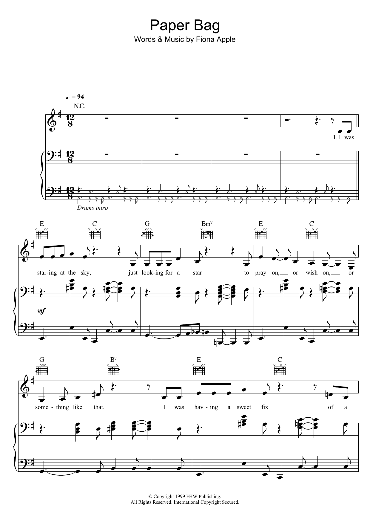 Download Fiona Apple Paper Bag Sheet Music and learn how to play Piano, Vocal & Guitar (Right-Hand Melody) PDF digital score in minutes