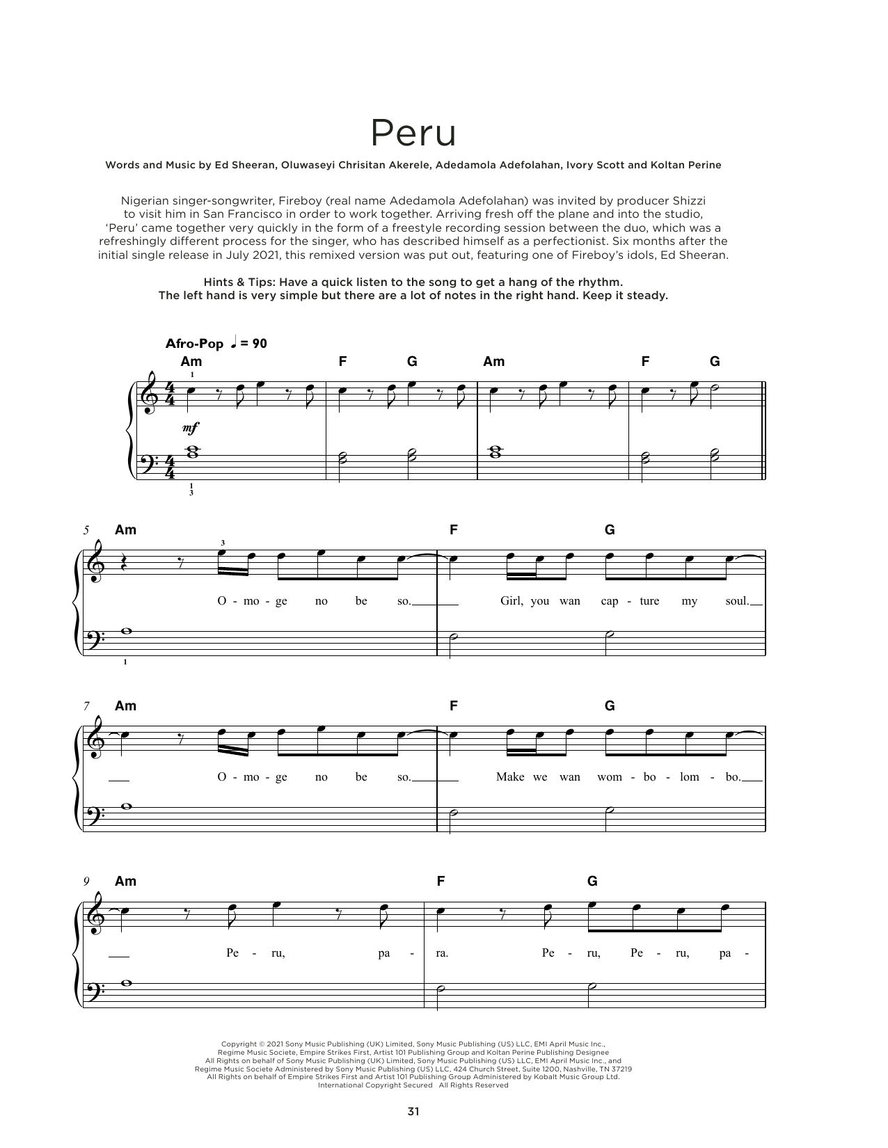 Download Fireboy DML & Ed Sheeran Peru Sheet Music and learn how to play Really Easy Piano PDF digital score in minutes