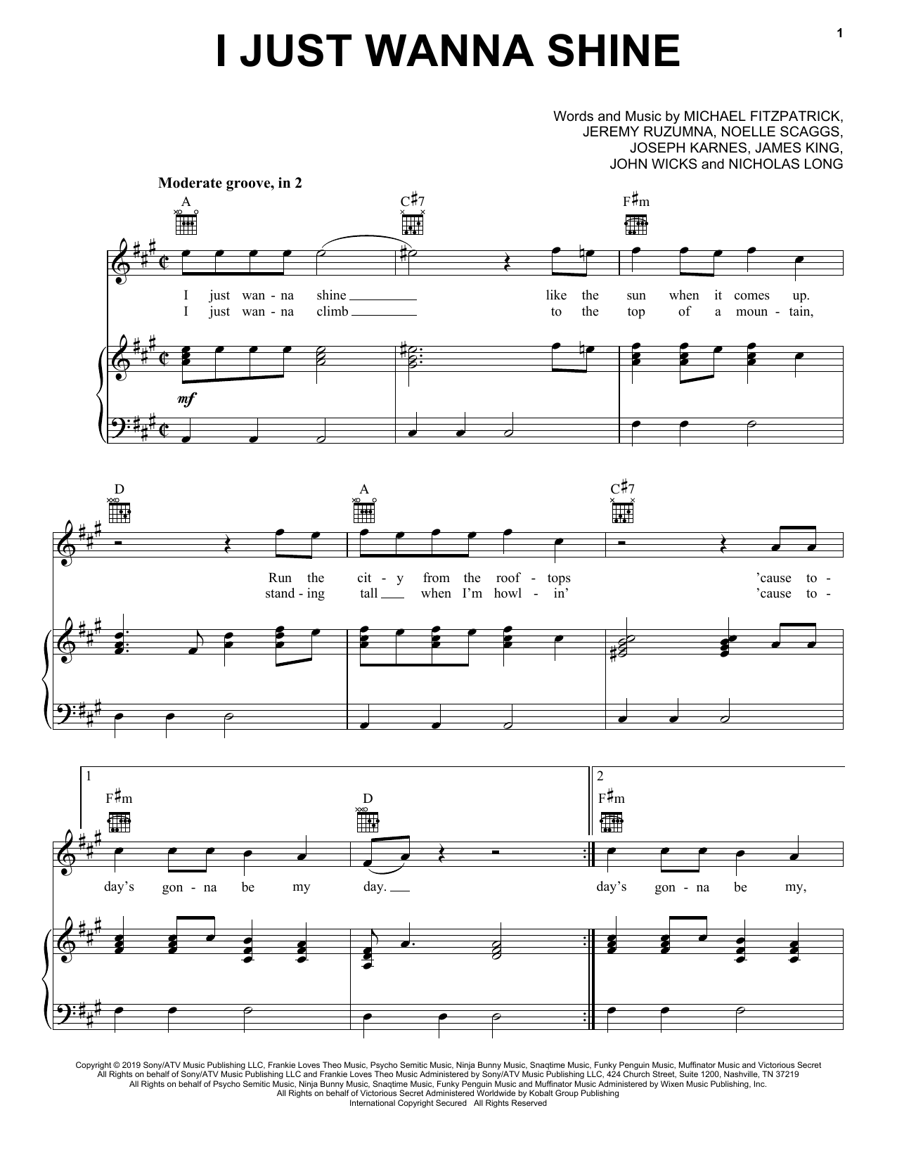 Download Fitz And The Tantrums I Just Wanna Shine Sheet Music and learn how to play Piano, Vocal & Guitar Chords (Right-Hand Melody) PDF digital score in minutes