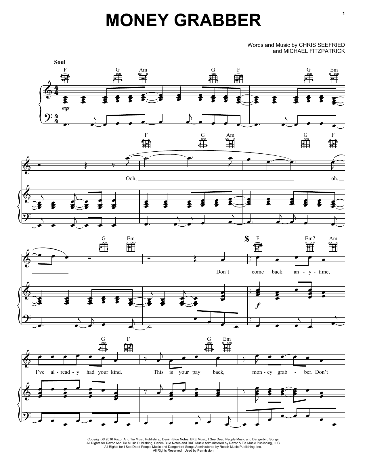 Download Fitz And The Tantrums Money Grabber Sheet Music and learn how to play Piano, Vocal & Guitar (Right-Hand Melody) PDF digital score in minutes