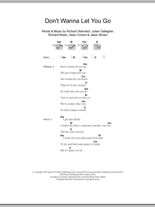 Download Five Don't Wanna Let You Go Sheet Music and learn how to play Lyrics & Chords PDF digital score in minutes