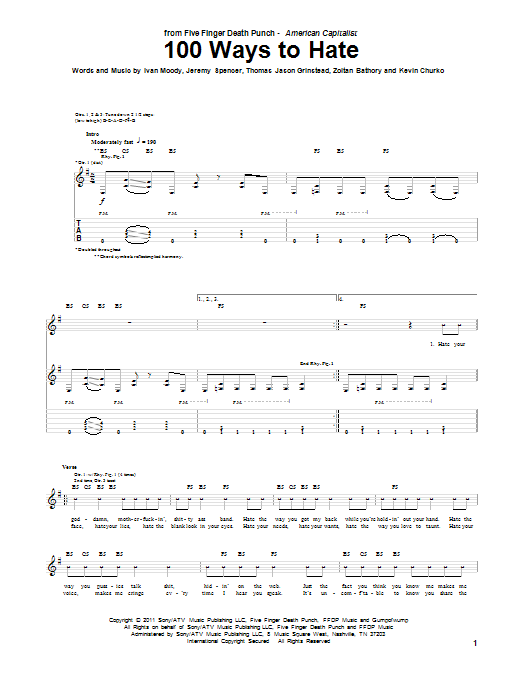 Download Five Finger Death Punch 100 Ways To Hate Sheet Music and learn how to play Guitar Tab PDF digital score in minutes