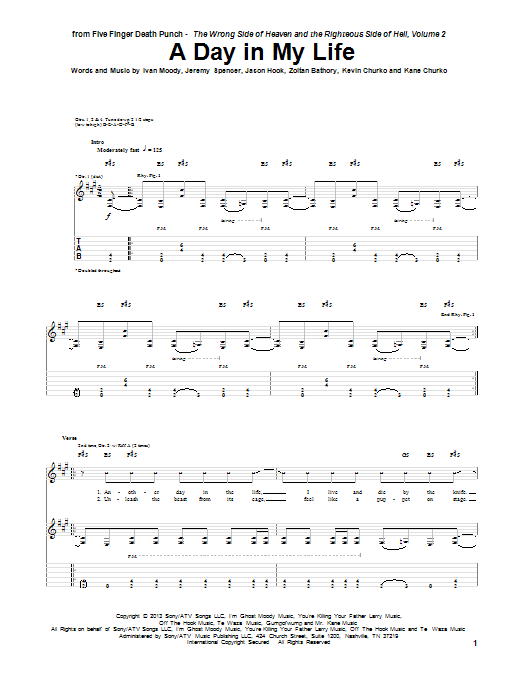 Download Five Finger Death Punch A Day In My Life Sheet Music and learn how to play Guitar Tab PDF digital score in minutes