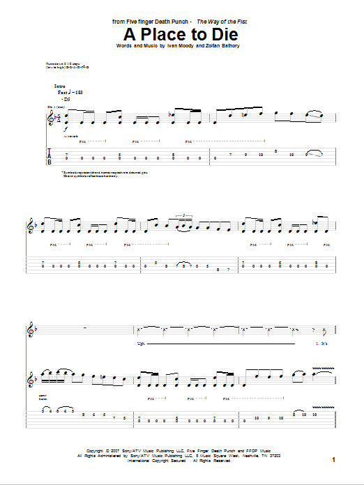 Download Five Finger Death Punch A Place To Die Sheet Music and learn how to play Guitar Tab PDF digital score in minutes