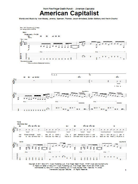 Download Five Finger Death Punch American Capitalist Sheet Music and learn how to play Guitar Tab PDF digital score in minutes