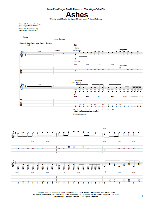 Download Five Finger Death Punch Ashes Sheet Music and learn how to play Guitar Tab PDF digital score in minutes