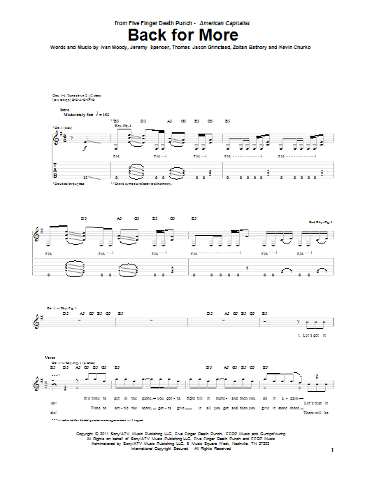 Download Five Finger Death Punch Back For More Sheet Music and learn how to play Guitar Tab PDF digital score in minutes