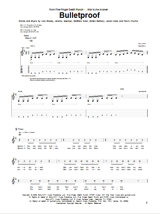 Download Five Finger Death Punch Bulletproof Sheet Music and learn how to play Guitar Tab PDF digital score in minutes