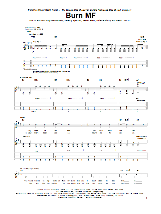 Download Five Finger Death Punch Burn MF Sheet Music and learn how to play Guitar Tab PDF digital score in minutes