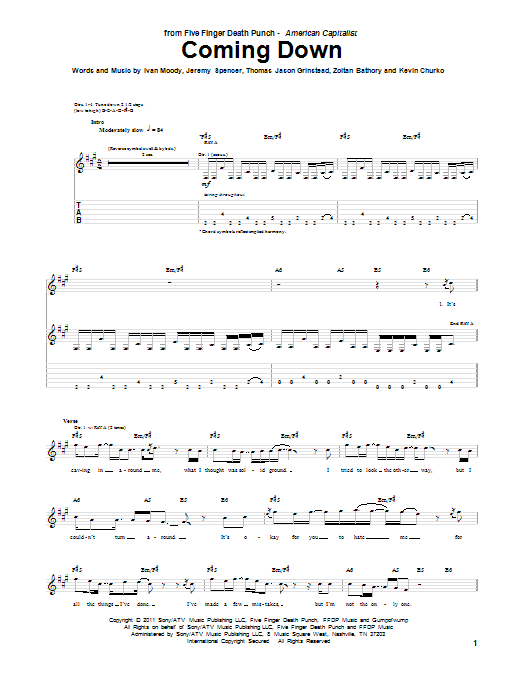 Download Five Finger Death Punch Coming Down Sheet Music and learn how to play Guitar Tab PDF digital score in minutes