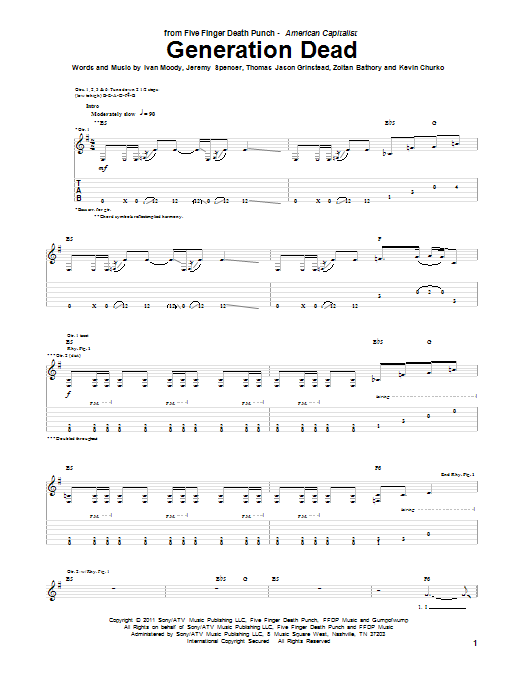 Download Five Finger Death Punch Generation Dead Sheet Music and learn how to play Guitar Tab PDF digital score in minutes