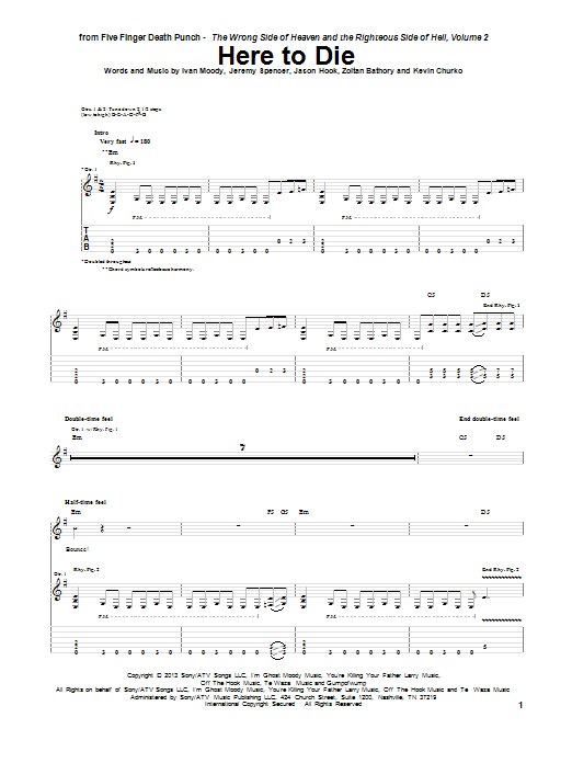 Download Five Finger Death Punch Here To Die Sheet Music and learn how to play Guitar Tab PDF digital score in minutes