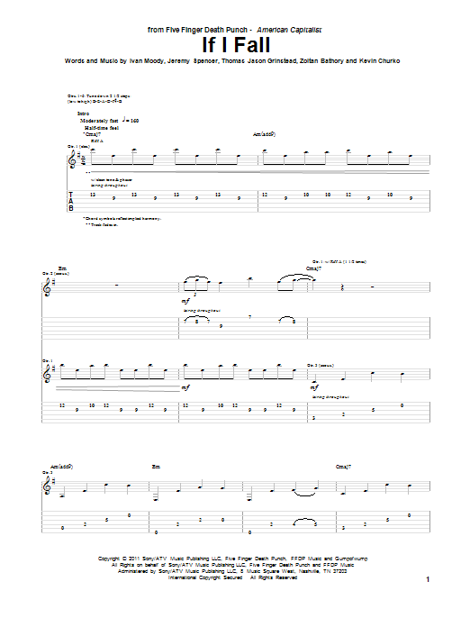 Download Five Finger Death Punch If I Fall Sheet Music and learn how to play Guitar Tab PDF digital score in minutes
