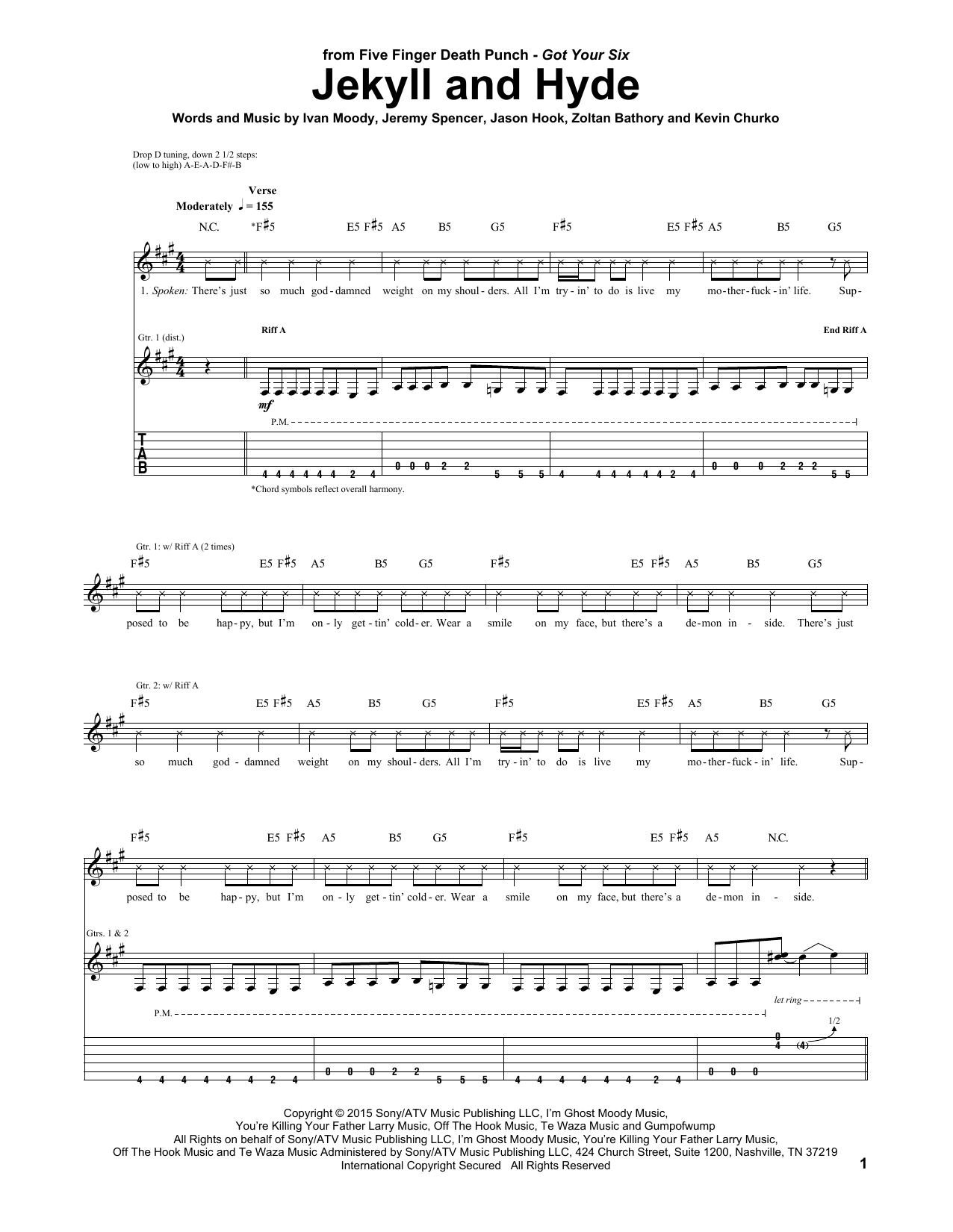 Download Five Finger Death Punch Jekyll And Hyde Sheet Music and learn how to play Guitar Tab PDF digital score in minutes