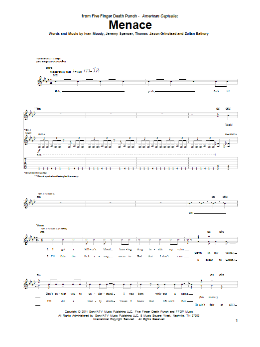 Download Five Finger Death Punch Menace Sheet Music and learn how to play Guitar Tab PDF digital score in minutes