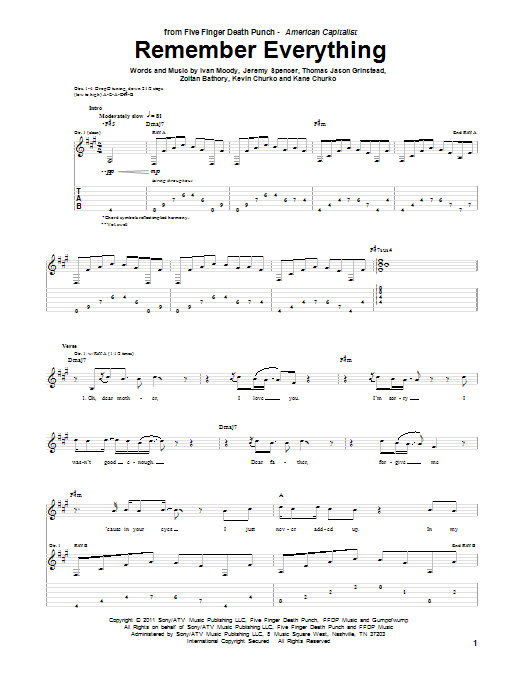 Download Five Finger Death Punch Remember Everything Sheet Music and learn how to play Guitar Tab PDF digital score in minutes