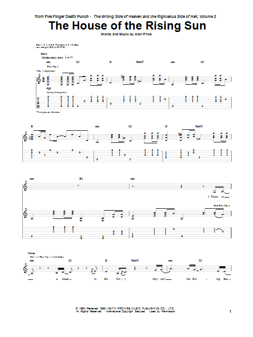 Download Five Finger Death Punch The House Of The Rising Sun Sheet Music and learn how to play Guitar Tab PDF digital score in minutes