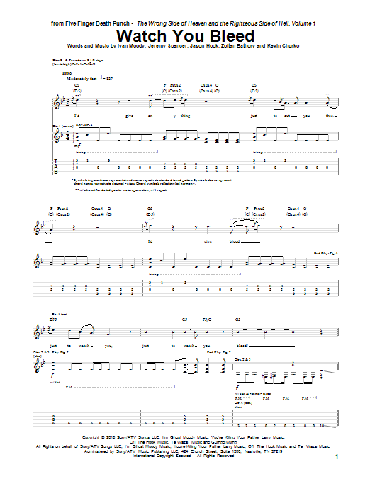 Download Five Finger Death Punch Watch You Bleed Sheet Music and learn how to play Guitar Tab PDF digital score in minutes