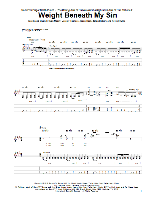 Download Five Finger Death Punch Weight Beneath My Sin Sheet Music and learn how to play Guitar Tab PDF digital score in minutes