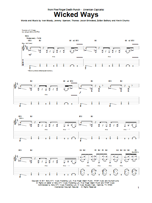 Download Five Finger Death Punch Wicked Ways Sheet Music and learn how to play Guitar Tab PDF digital score in minutes