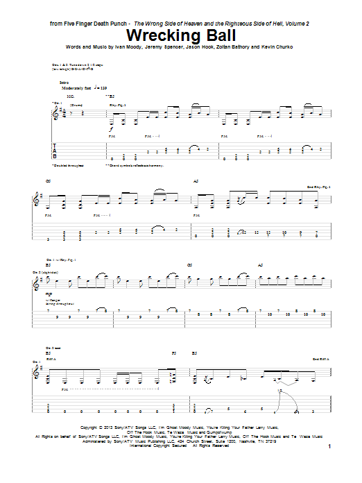 Download Five Finger Death Punch Wrecking Ball Sheet Music and learn how to play Guitar Tab PDF digital score in minutes