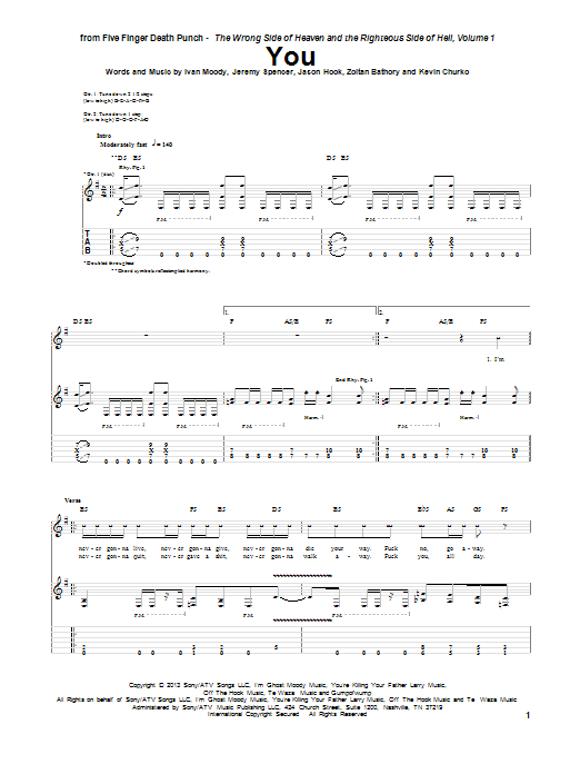 Download Five Finger Death Punch You Sheet Music and learn how to play Guitar Tab PDF digital score in minutes