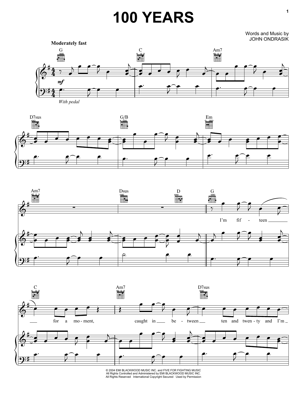 Download Five For Fighting 100 Years Sheet Music and learn how to play SPREP PDF digital score in minutes