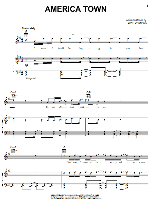 Download Five For Fighting America Town Sheet Music and learn how to play Piano, Vocal & Guitar (Right-Hand Melody) PDF digital score in minutes