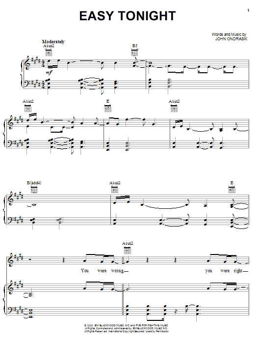 Download Five For Fighting Easy Tonight Sheet Music and learn how to play Piano, Vocal & Guitar (Right-Hand Melody) PDF digital score in minutes