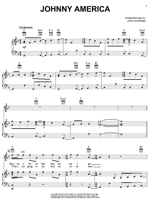 Download Five For Fighting Johnny America Sheet Music and learn how to play Piano, Vocal & Guitar (Right-Hand Melody) PDF digital score in minutes