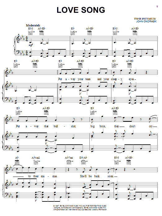 Download Five For Fighting Love Song Sheet Music and learn how to play Piano, Vocal & Guitar (Right-Hand Melody) PDF digital score in minutes