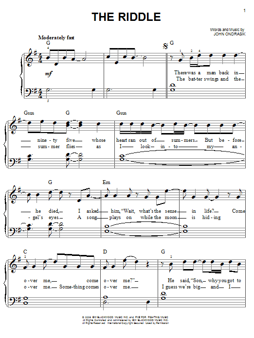 Download Five For Fighting The Riddle Sheet Music and learn how to play Piano (Big Notes) PDF digital score in minutes