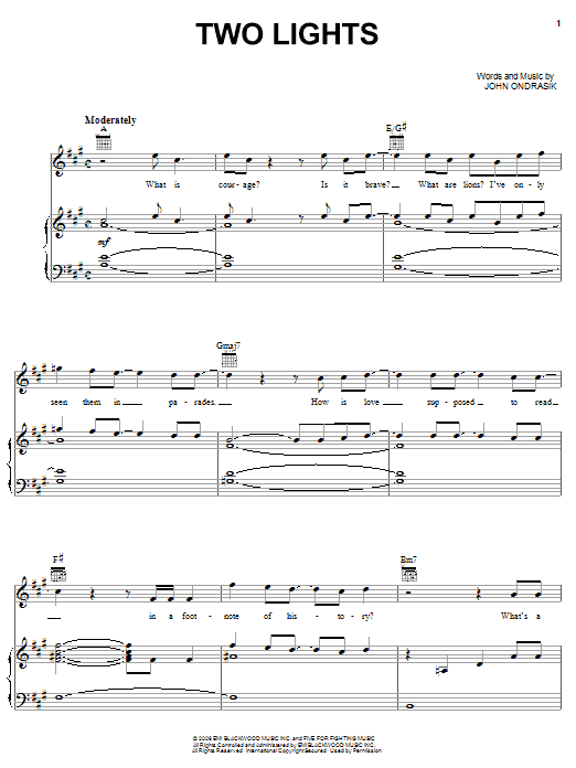 Download Five For Fighting Two Lights Sheet Music and learn how to play Piano, Vocal & Guitar (Right-Hand Melody) PDF digital score in minutes