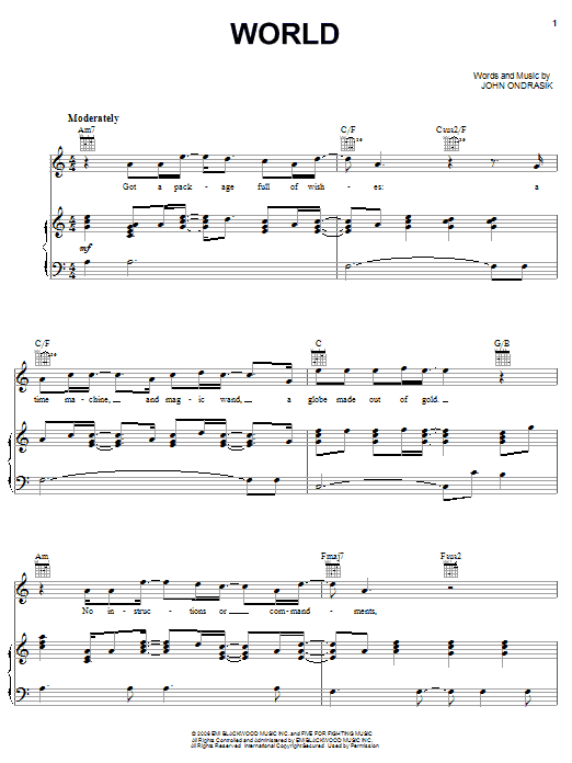 Download Five For Fighting World Sheet Music and learn how to play Piano, Vocal & Guitar (Right-Hand Melody) PDF digital score in minutes