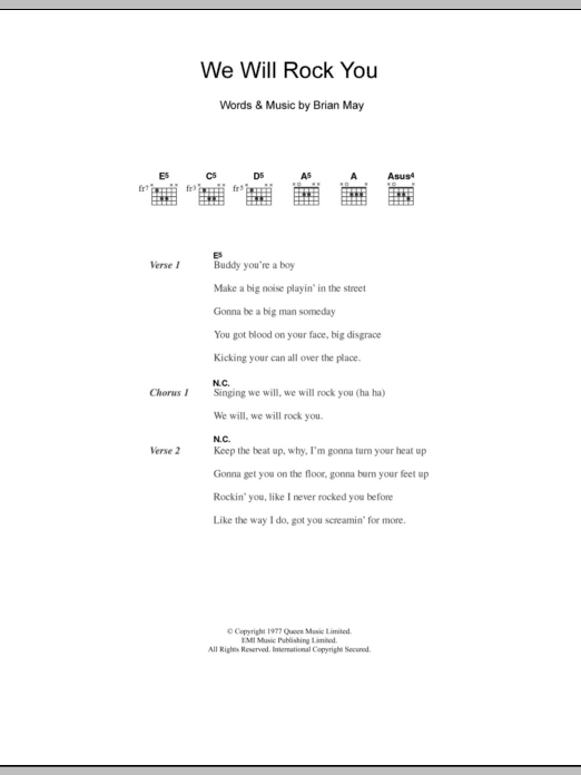 Download Five We Will Rock You Sheet Music and learn how to play Lyrics & Chords PDF digital score in minutes