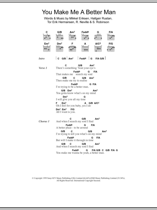 Download Five You Make Me A Better Man Sheet Music and learn how to play Lyrics & Chords PDF digital score in minutes