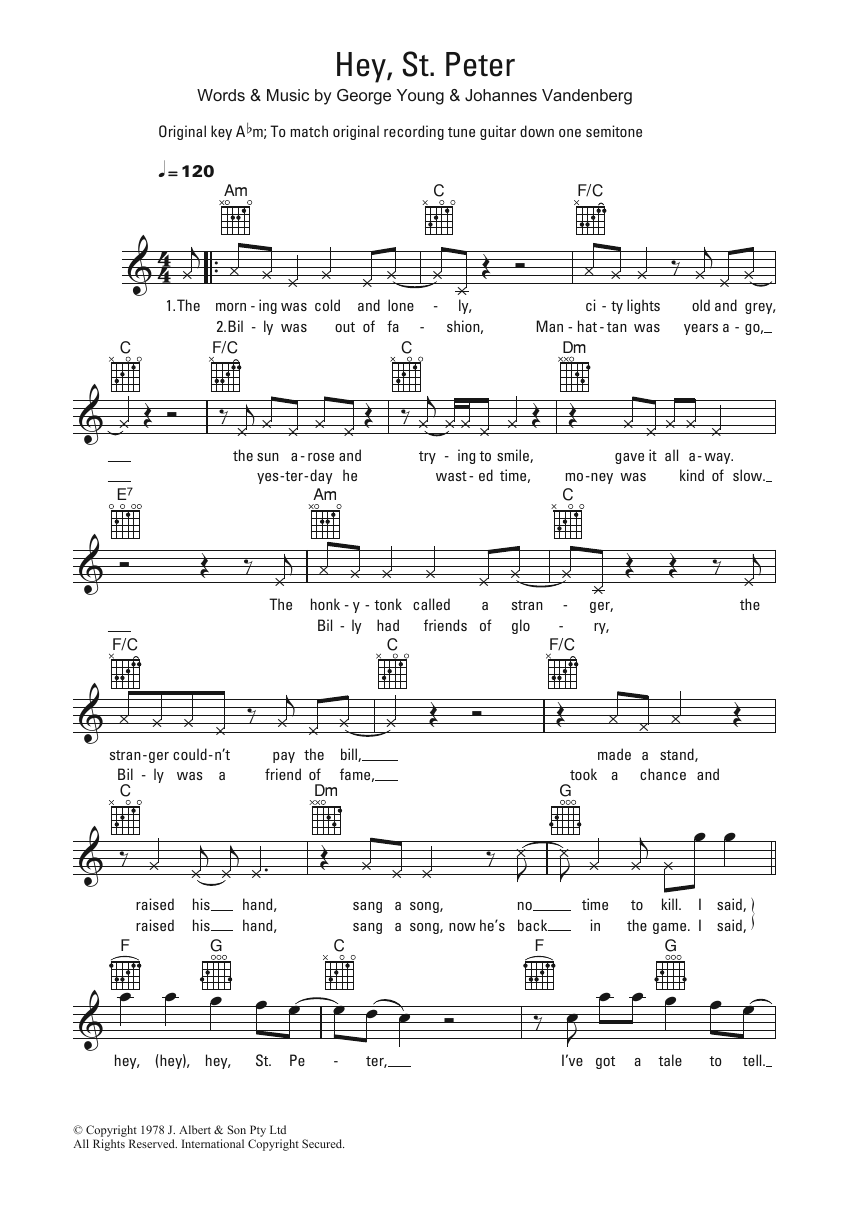 Download Flash And The Pan Hey, St. Peter Sheet Music and learn how to play Melody Line, Lyrics & Chords PDF digital score in minutes